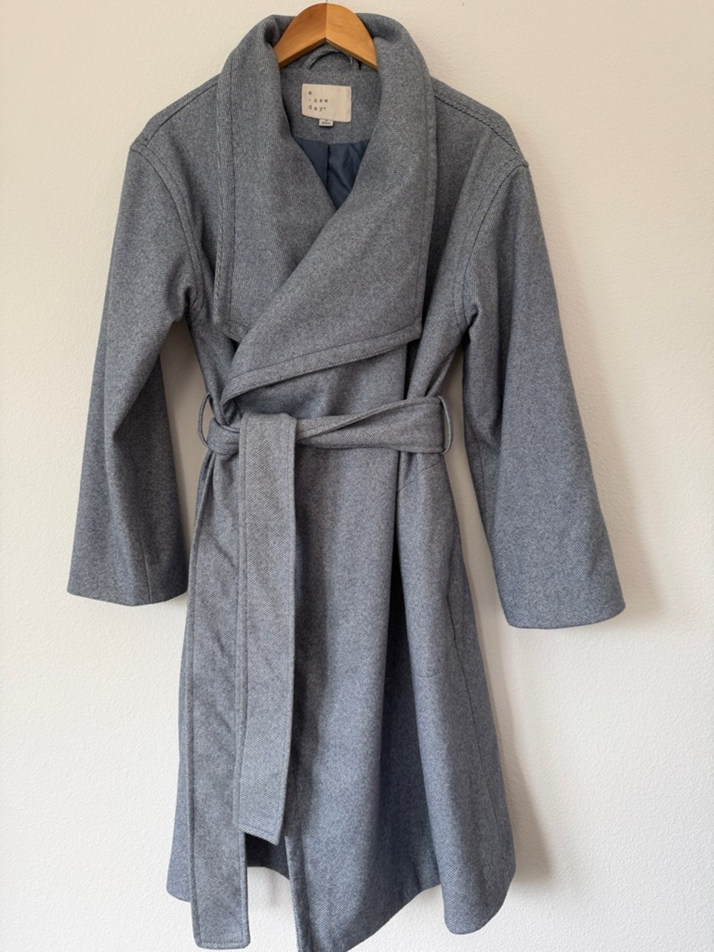 a new day Blue/Gray Melange Wrap Belted Wool-Blend Coat women's sz Medium